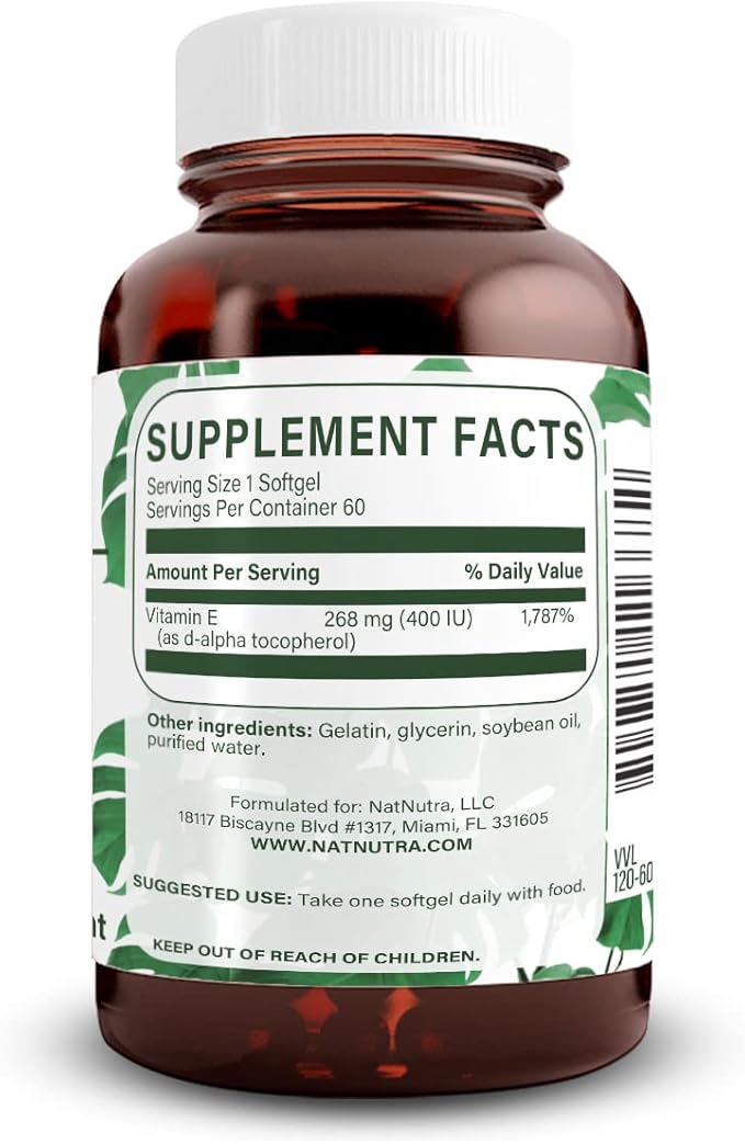 Natural Nutra Vitamin E 400 IU Supplement, Enrich Health Nutrients, Promotes Skin Health, Enhance Hair & Nails Growth, Supports Body Fat Level, Helps Heart Health & Protects Skin Texture, 60 Soft gels