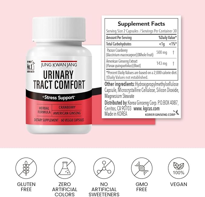 JUNG KWAN JANG Urinary Tract Comfort Formula with Pacran Cranberry 500mg, American Ginseng 143mg - Urinary Tract Health Support Supplement - 60 Capsules for Women and Men