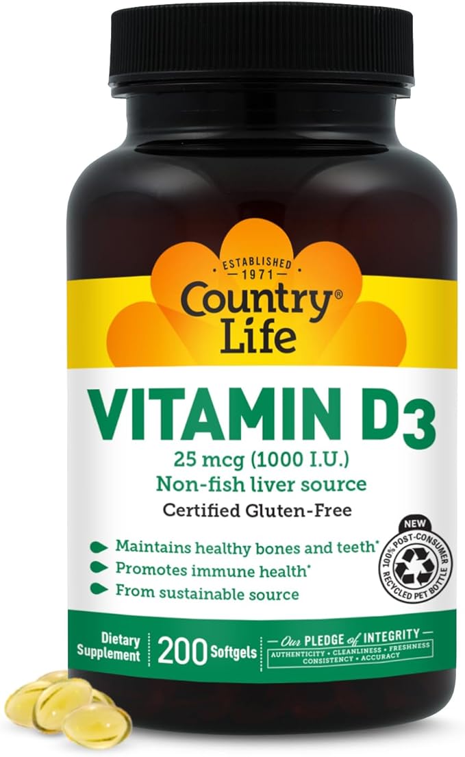 Country Life Vitamin D3 1000 IU (25 mcg) - Vitamin D Supplements - Immune Support, Supports Bones, Teeth & Muscles, Gluten-Free, Non-GMO, – 200 Softgels, 200 Servings