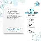 Supersmart Full Spectrum Probiotic Formula 36 Billion CFU per Day (20-in-1 Complex) - with Lactobacillus Reuteri, Gasseri, Rhamnosus, Crispatus | Non-GMO & Gluten Free - 60 Vegetarian Capsules