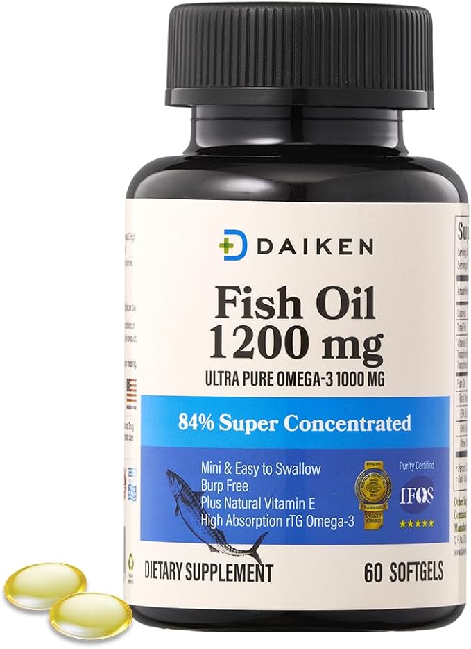 DAIKEN Mini Fish Oil 1200 mg, rTG Omega 3 1000mg, 60 Softgels, High Absorption & Burpless Fish Oil for Healthy Heart, Brain and Dry Eyes Support