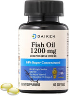 DAIKEN Mini Fish Oil 1200 mg, rTG Omega 3 1000mg, 60 Softgels, High Absorption & Burpless Fish Oil for Healthy Heart, Brain and Dry Eyes Support