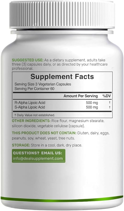 Alpha Lipoic Acid 1,000mg, 180 Veggie Capsules – 50/50 R-ALA & S-ALA for Max Bioavailability – Antioxidant Supplement – Energy & Nervous System Support – Non-GMO