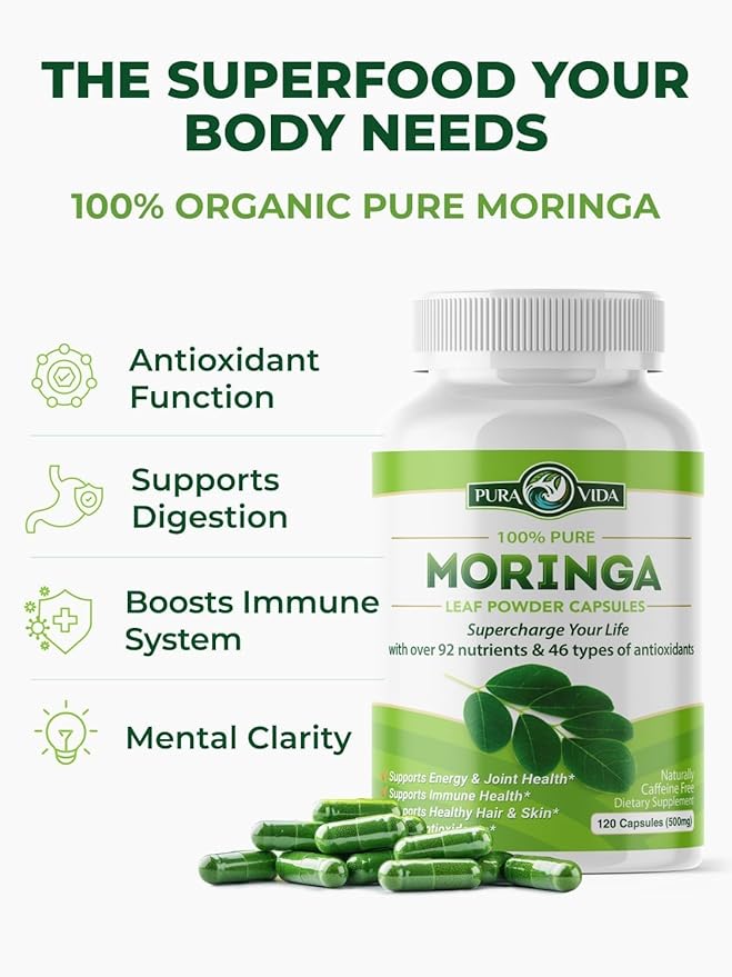 PURA VIDA MORINGA Organic Moringa Capsules Single Origin Moringa Powder Organic. Pure Moringa Leaf. Energy, Metabolism, & Immune Support. 120ct. 500mg Caps (Pack of 2)