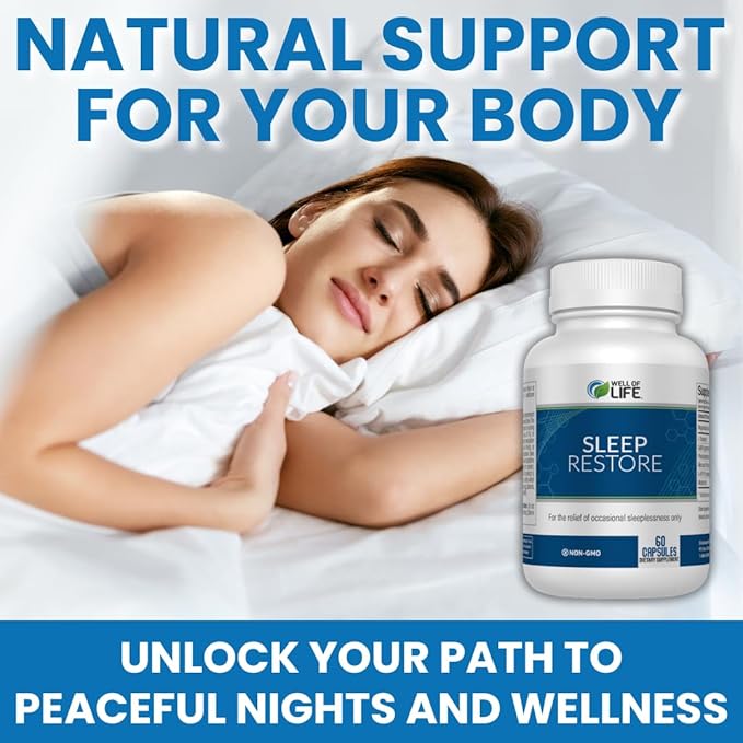 Well of Life Sleep Restore Supplement with Melatonin & Magnesium – Tranquil Sleep Support with L-Theanine GABA 5-HTP | Supports Relaxation & Calm Night Routine | 60 Vegan Capsules