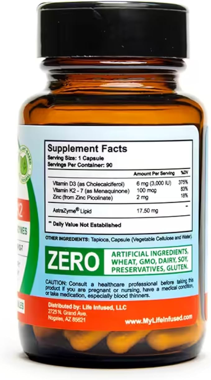 Life Infused Vitamin D3 + K2 Supplement with Zinc & Enzymes — 3000 IU D3, MK-7 K2, Immune & Bone Support, Enhanced Absorption, Non-GMO Vegan Capsules, 90 Count
