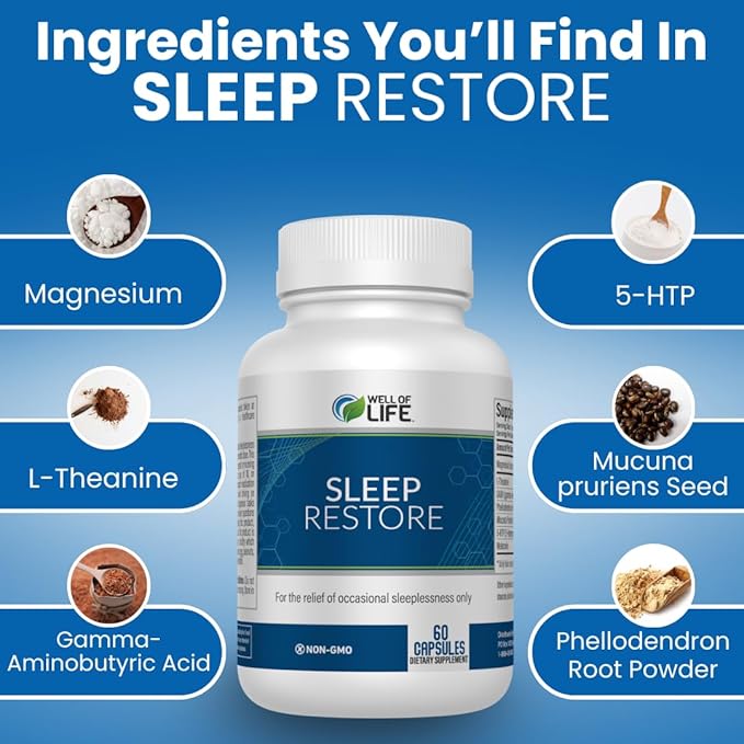 Well of Life Sleep Restore Supplement with Melatonin & Magnesium – Tranquil Sleep Support with L-Theanine GABA 5-HTP | Supports Relaxation & Calm Night Routine | 60 Vegan Capsules
