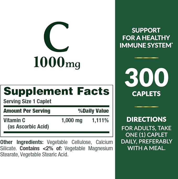 Nature's Bounty Vitamin C 1000mg, Supports Immune and Antioxidant Health, Vitamin C Supplement, 1 Per Day, 300 Vegetarian Caplets (Pack of 2)