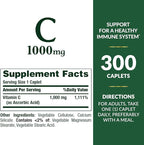Nature's Bounty Vitamin C 1000mg, Supports Immune and Antioxidant Health, Vitamin C Supplement, 1 Per Day, 300 Vegetarian Caplets (Pack of 2)