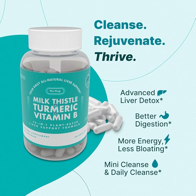 The Plug Liver Cleanse Detox & Repair Milk Thistle (Silymarin), Turmeric, Dandelion Root & Vitamin B– Herbal Capsules for Liver, Digestive & Immune Support – Non-GMO, Gluten-Free, Kosher – 60 Capsules