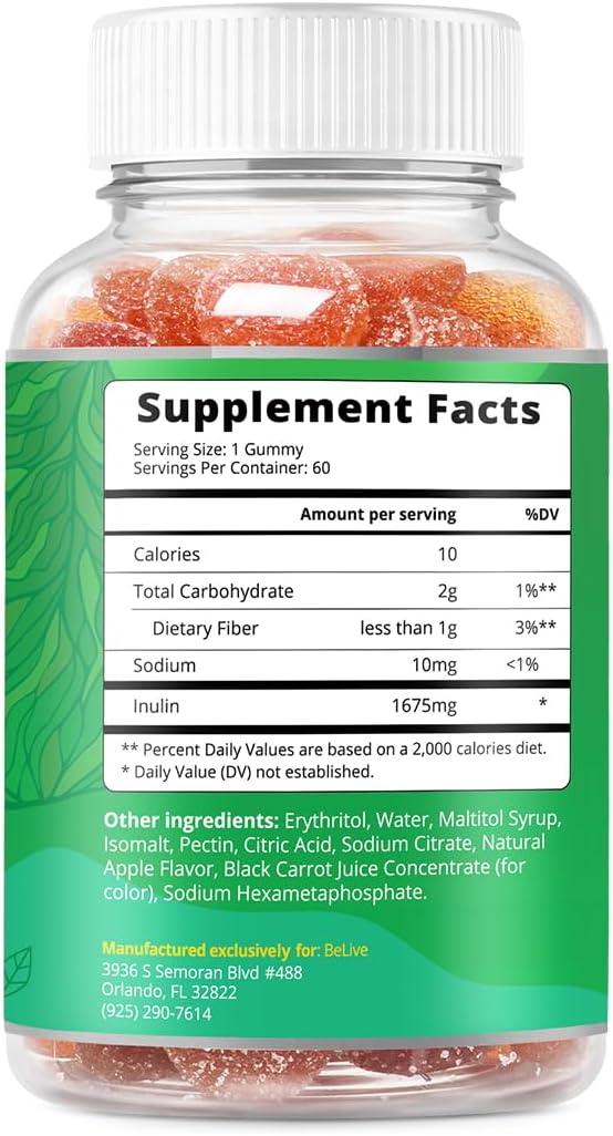 BeLive Fiber Gummies - Sugar Free Prebiotic Digestive Health and Regularity Supplement - Chicory Root & Inulin - for Adults and Kids - Apple Flavor - 60 Count