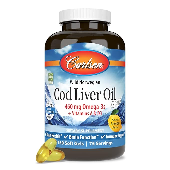 Carlson - Cod Liver Oil Gems, 460 mg Omega-3s, Plus Vitamins A and D3, Wild Caught Norwegian Arctic Cod Liver Oil, Sustainably Sourced Nordic Fish Oil Capsules, Lemon, 150 Softgels