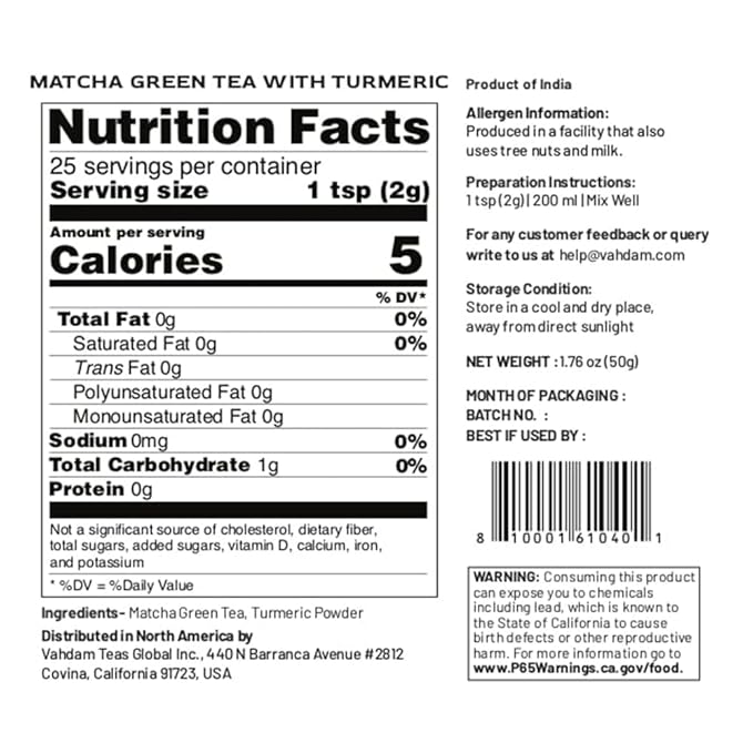 VAHDAM,Turmeric Matcha Green Tea Powder (25 Cups/1.76oz) With Curcumin - Pure Japanese Matcha Powder With Indian Turmeric Powder | Delicious Matcha Latte