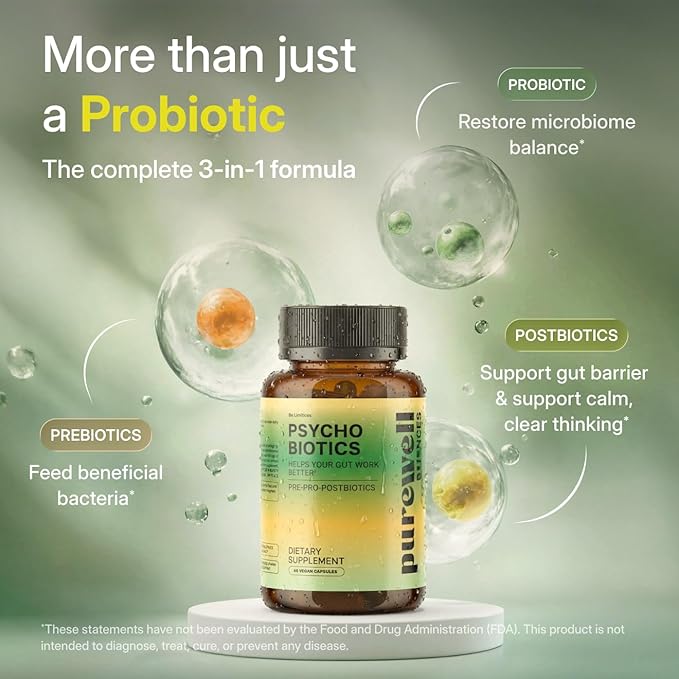 Psychobiotics – Advanced 3-in-1 Probiotic Prebiotic Postbiotic Supplement for Gut and Mood Support - 180 Vegan Probiotic Capsules – 50 Billion CFU – 3-Month Supply