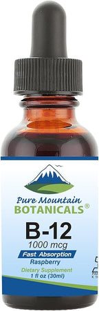 Pure Mountain Botanicals B12 Vitamin 1000 mcg – Kosher Liquid B12 Drops with Natural Berry Flavor