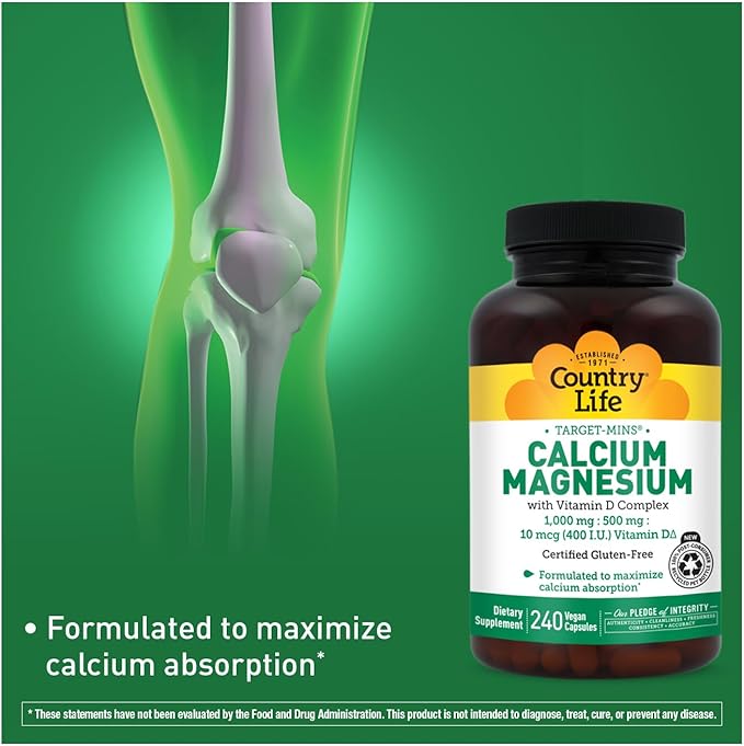 Country Life Target-Mins Calcium Magnesium with Vitamin D-Complex, 1000mg/500mg/10mcg, 240 Vegan Capsules, Certified Gluten Free, Certified Vegan