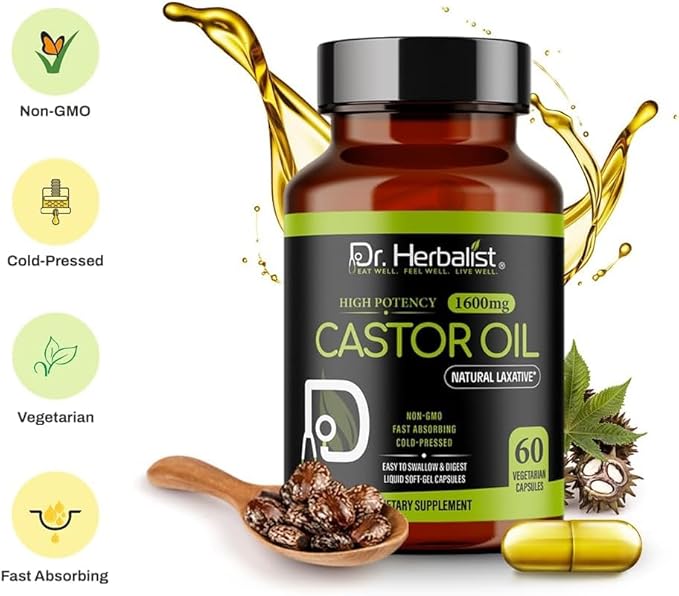 Dr. HERBALIST Castor Oil Capsules 1600mg - Cold Pressed Ricinus Communis Softgels | Supports Digestive Wellness & Hair Skin Vitality* | Halal, Non-GMO, Vegan | 60ct