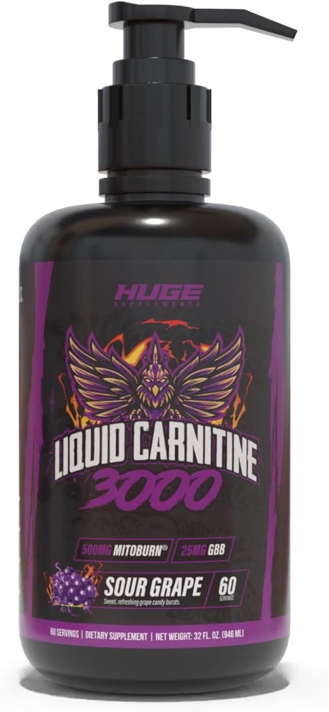 Huge Supplements Liquid L-Carnitine 3000, Superior Potency Infused with 500mg MitoBurn & 25mg GBB, Premium Stim-Free Thermogenic Fat Burner & Energy Boost, Convenient Pump Top, 32 Oz (60 Servings)