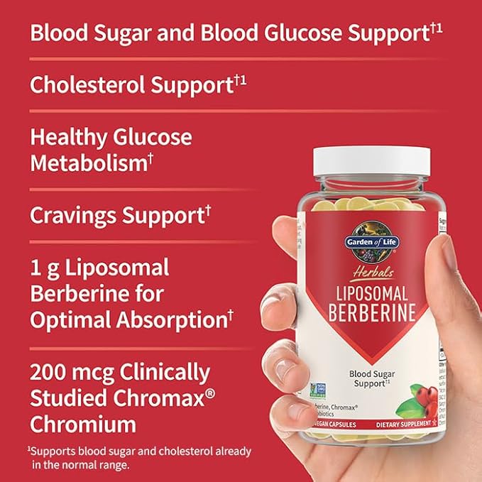 Garden of Life Liposomal Berberine and Chromium Picolinate for Already Healthy Blood Sugar, Glucose Metabolism and Cholesterol with Probiotics for Easy Digestion, Non GMO, Gluten Free, 30 Servings