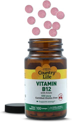 Country Life Vitamin B12 with Folate, Supports Energy & Red Blood Cell Production, 500mcg, 100 Lozenges, Certified Gluten Free, Vegan, Halal, Non-GMO Verified