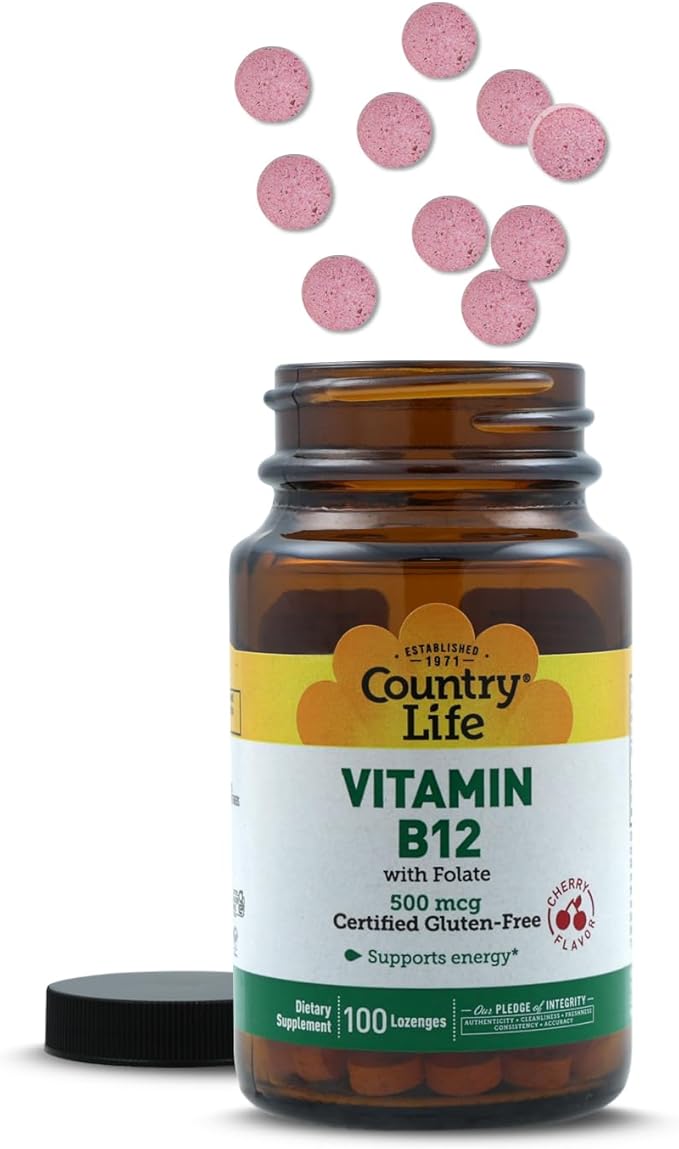 Country Life Vitamin B12 with Folate, Supports Energy & Red Blood Cell Production, 500mcg, 100 Lozenges, Certified Gluten Free, Vegan, Halal, Non-GMO Verified