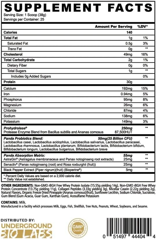 Underground Bio Labs Panda Fuel Premium Protein Whey,Hydrolyzed Collagen,Casein,Probiotics, Enzymes, Keto Friendly,Time Release, 25 Servings (2.5 Pound, Pineapple Whip)