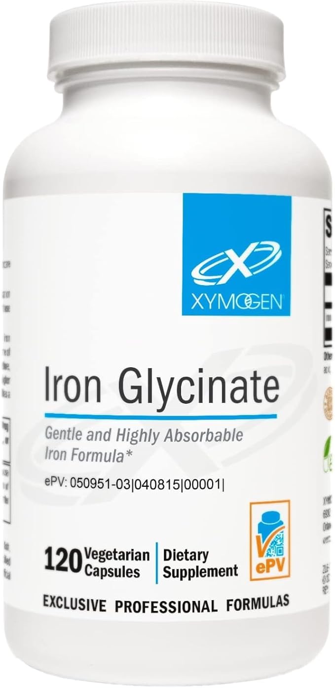 XYMOGEN Iron Glycinate Supplement – Patented Iron BisGlycinate Vitamin - Designed for High Absorption – Supports Hemoglobin & Ferritin Levels – Gentle on Digestion (120 Capsules)