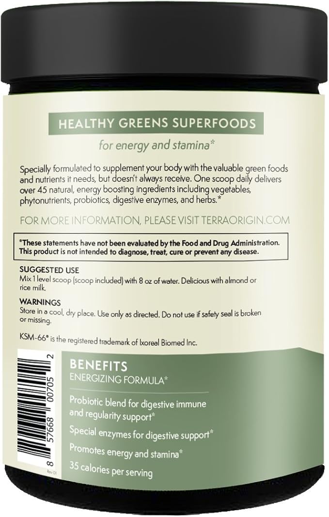 TERRA ORIGIN Healthy Superfood Greens Powder Drink with Probiotics & Ashwagandha | Adaptogen & Digestive Enzyme Fruit and Veggie Blend | for Gut Health, Energy, Immune Support* | 30 Servings | Mint