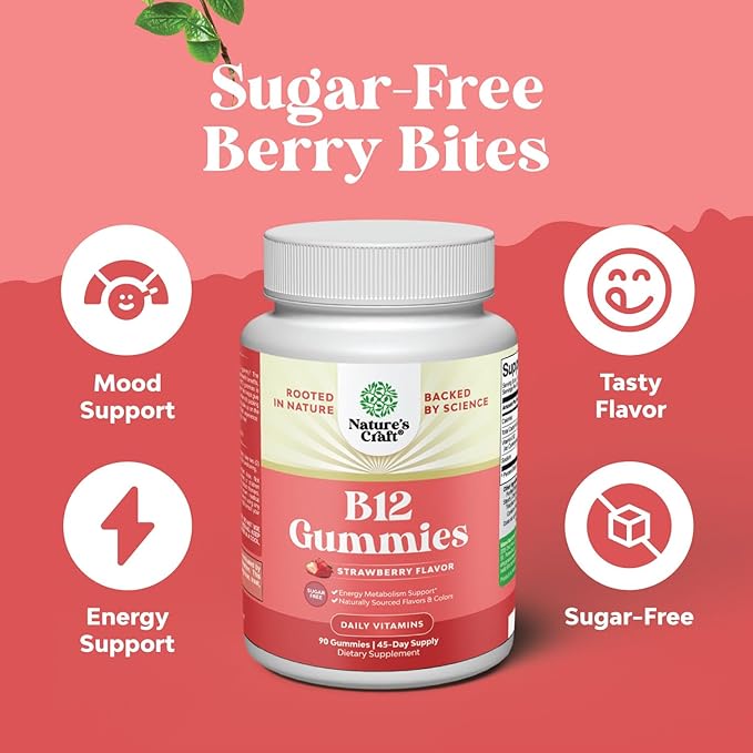 Vitamin B12 Gummies for Adults - Sugar Free Vitamin B12 1000 mcg Chewable Gums for Energy & Mood Support Immune & Nerves Health - Kosher Non-GMO & Gluten Free Supplement for Women & Men - 90 Count