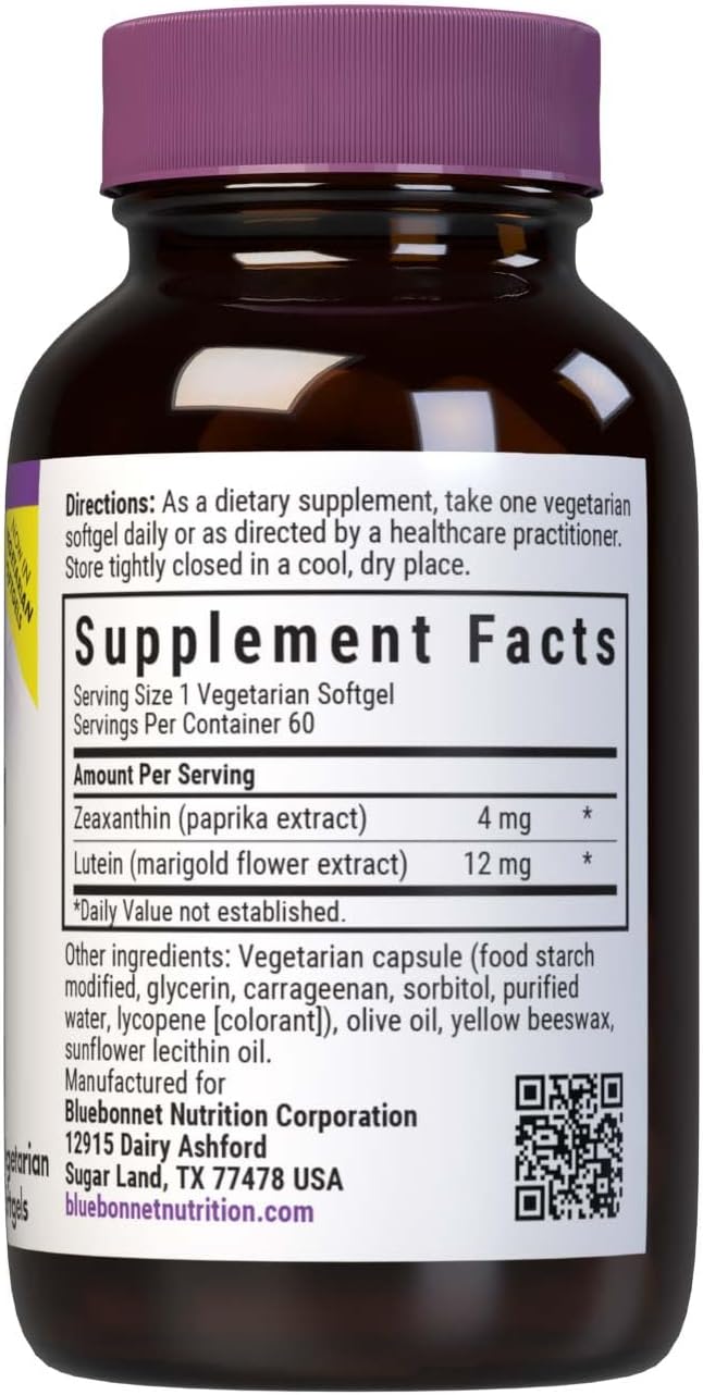 Bluebonnet Nutrition Zeaxanthin & Lutein, Eye Health*, Gluten-Free, Dairy-Free, 60 Vegetarian Softgels, 60 Servings