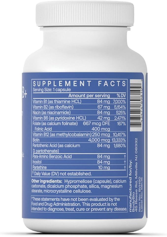 BodyBio - Vitamin B Complex Including B1, B2, B3, B5, B6, Methyl B12, Folinic Acid, 5-MTHF, and B7 to Supports Alertness, Metabolism & Immune System, 90 Capsules
