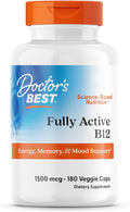 Doctor's Best Vitamin B12 Methylcobalamin for Men & Women - Vitamin B 12 Caps 1500 mcg, VIT B-12 Supplement, Vegan, Gluten Free, Non GMO, Fully Active - 180 Veg Capsules