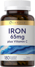 Carlyle Iron Supplement 65 mg with Vitamin C | 180 Tablets | 300mg of Vitamin C | Vegetarian, Non-GMO and Gluten Free