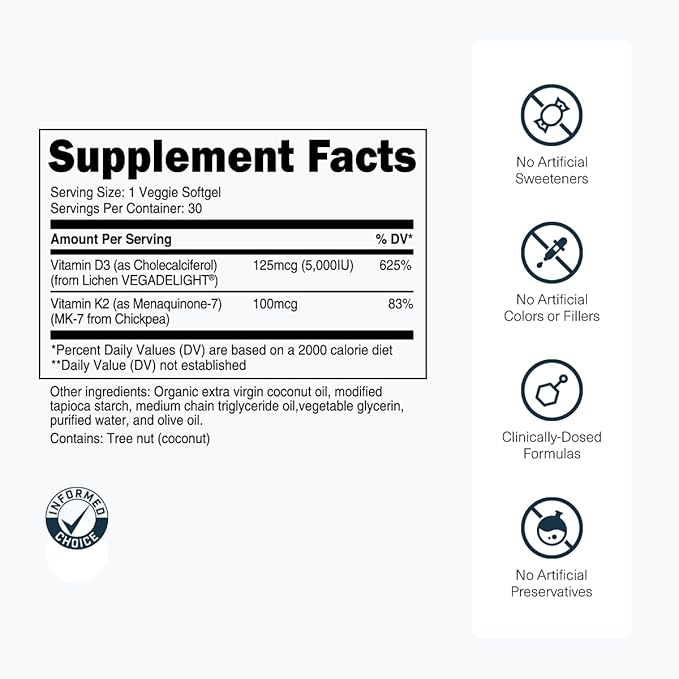 Transparent Labs Vitamin D3 K2 - Vitamin D & K2 Vitamin Supplement for Men & Women, Vegan-Friendly D3K2 5000 IU Supplements to Support Bone, Immune, and Overall Health - K2 D3 60 Capsules