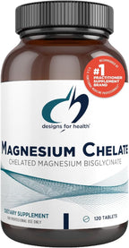 Designs for Health Magnesium Chelate Tablets - 200mg Magnesium Bisglycinate Chelate - Non-GMO Supplement Designed to be Easier on the Stomach (120 Tablets)