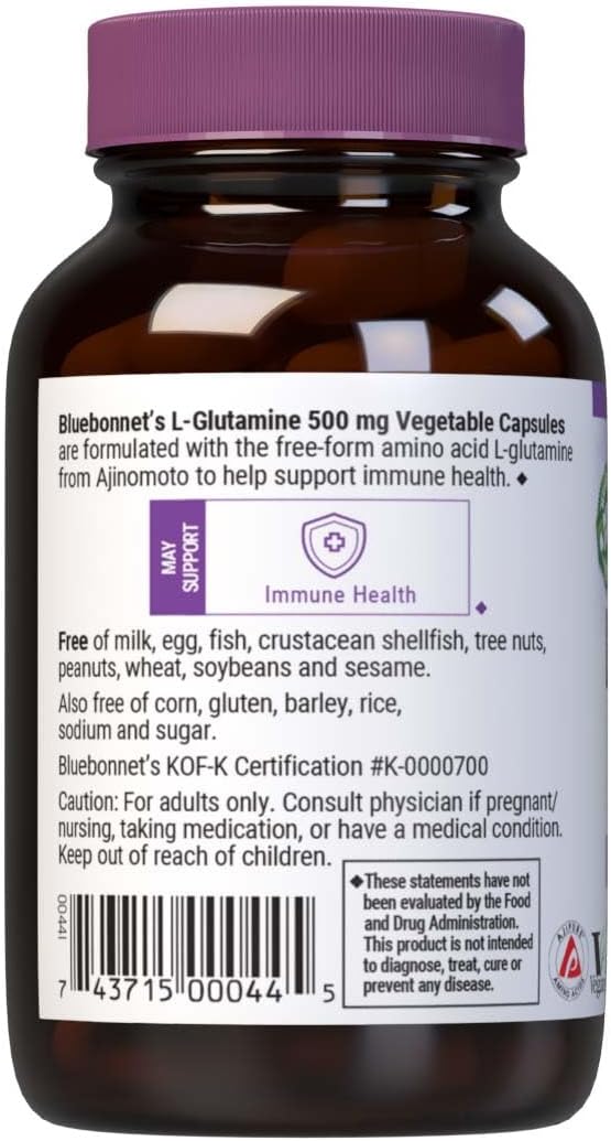 Bluebonnet Nutrition L-Glutamine 500mg, Supports Immune Function, Nitrogen Transporter, Soy & Gluten-Free, Non-GMO, Kosher Certified, Vegan, 50 Vegetable Capsules, White, 50 Count