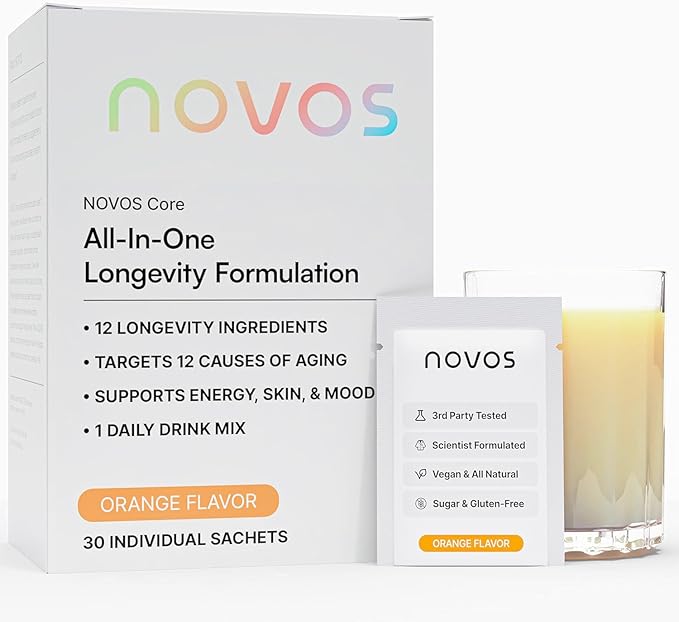 Novos Core Clinical Longevity Mix | Anti-Aging Supplement Drink Mix for Men & Women | Magnesium, L-Theanine, Fisetin and More | Supports Energy, Mood, Sleep & Cognition | Orange Flavor (30 Servings)