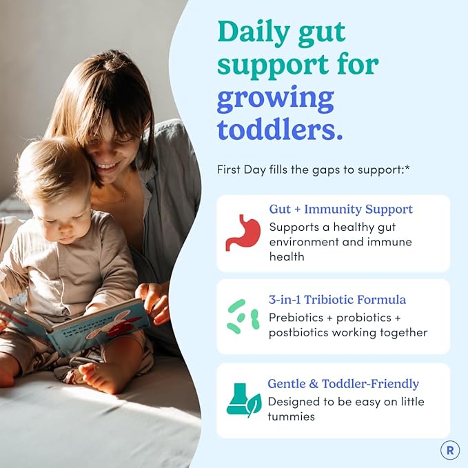 FIRST DAY Toddler Tribiotic Gummies (Ages 2-3) | Kids Probiotic Gummies | 3 in 1 Pre + Pro + Postbiotics for Kids Digestive & Immune Health - Kiwi, 60 Counts (30 Days Supply)