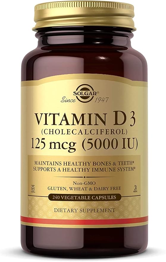 Solgar Vitamin D3 (Cholecalciferol) 125 mcg (5000 IU), 240 Vegetable Capsules - Helps Maintain Healthy Bones & Teeth - Immune System Support - Non-GMO, Gluten Free - 240 Total Servings
