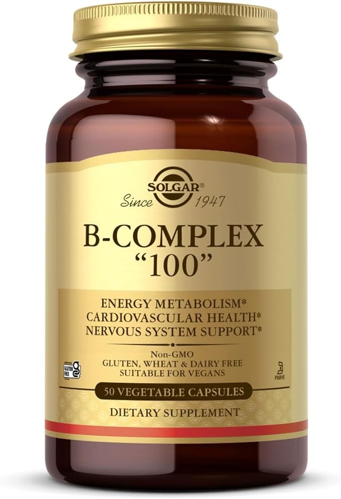 Solgar B-Complex "100", 50 Vegetable Capsules - Nervous System Support - Supports Energy Metabolism - Non-GMO, Vegan, Gluten Free, Dairy Free, Kosher - 50 Servings