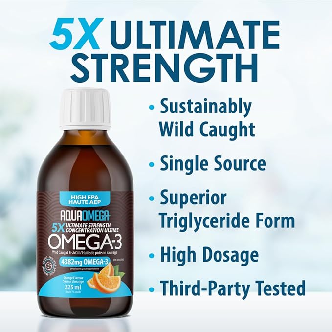 5X Ultimate Strength Liquid Fish Oil Supplements, Wild Caught Omega 3 Fish Oil Liquid, High EPA & DHA Omega3 Fatty Acids, Omega 3 Supplement with Vitamin D, 7.60floz, Orange Flavor