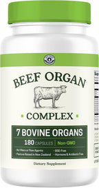 Beef Organ Supplement Grass Fed - 7 Beef Organs Complex from New Zealand - Liver Heart Pancreas Kidney Lung Spleen Bone Marrow - Non-GMO, No Fillers, Hormone & Antibiotic Free - Carnivore Diet - 180ct