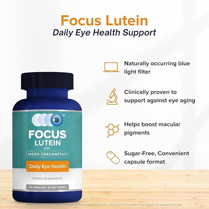 Focus Lutein for Eyes with Meso-Zeaxanthin, Eye Vitamin Supplement, 120 Count, 120 Day Supply, Daily Vision Support for Digital Screens, Bright Lights, Sunlight, Vegan and Sugar-Free, Made in USA
