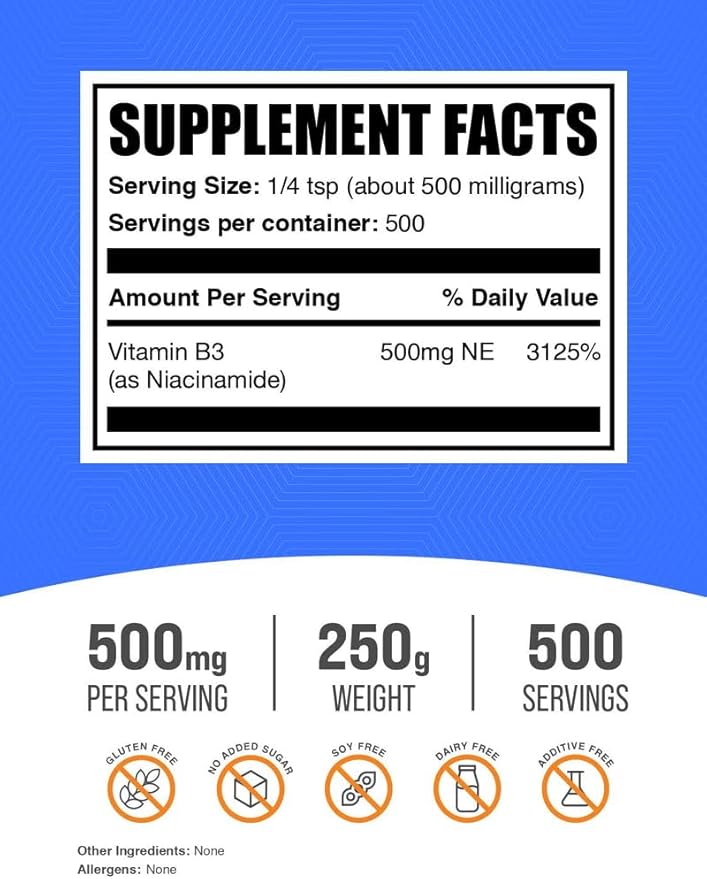 BulkSupplements.com Niacinamide Powder - Vitamin B3 Powder, Niacinamide Supplement, Niacinamide 500mg - B3 Vitamins for Skin, Gluten Free, 500mg per Serving, 250g (8.8 oz) (Pack of 1)