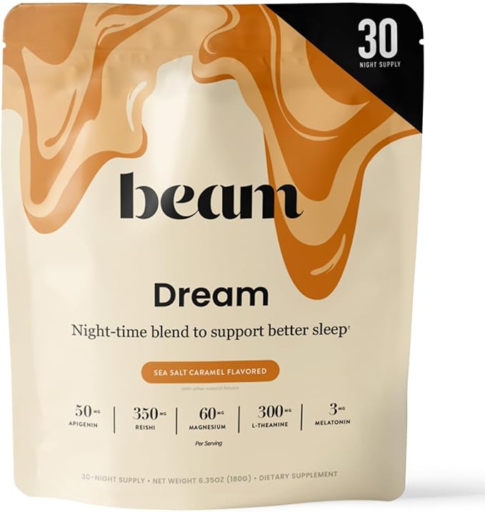 Beam Dream Sleep Powder – Sleep Aid for Adults with Melatonin, Magnesium, L-Theanine, Reishi Mushroom & Apigenin Sleep Supplement, Sleepy Cocoa Bedtime Drink Mix, Sea Salt Caramel Flavor, 30 Servings