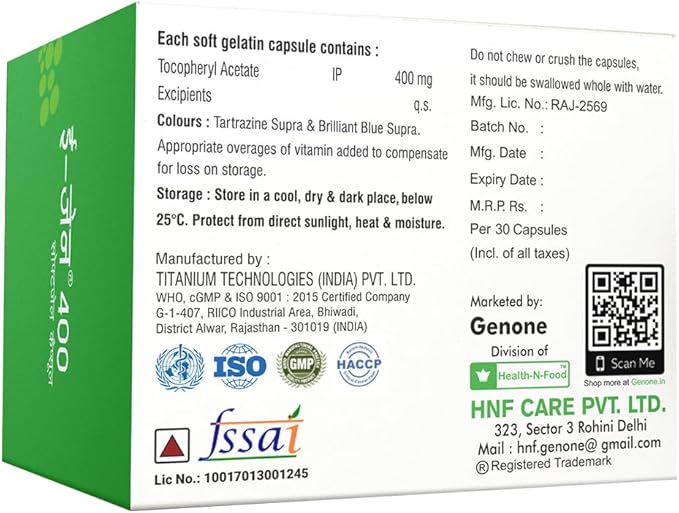 genone E-Gen 400 Vitamin E Capsule for Glowing Face, Skin and Hair Nutrition (30 Capsules)