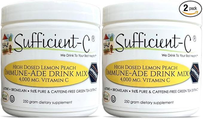Sufficient-C High Dose Non-GMO Vitamin C - Lemon Peach Immune-Ade Drink Mix 250 Grams - Healthy Hydration Like Never Before (2 Pack)
