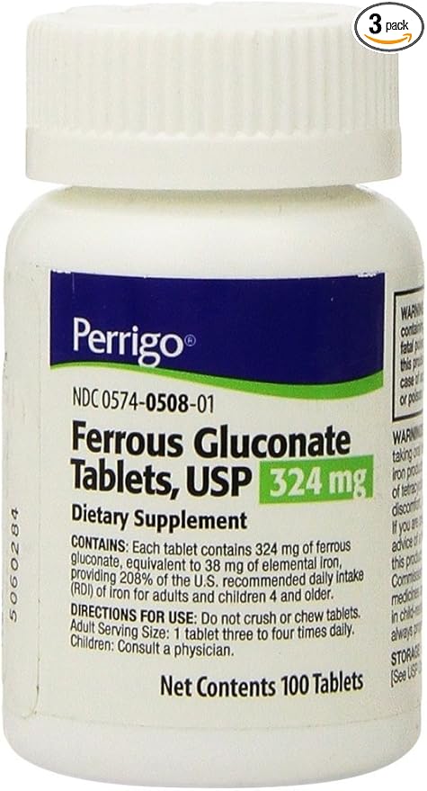 Perrigo Ferrous Gluconate Green Tablets, 324mg, 100ct (3 Pack)