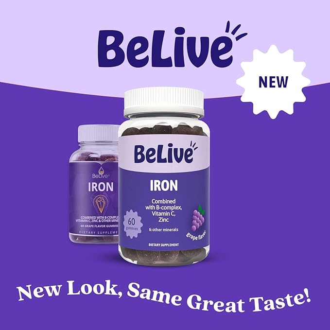 BeLive Iron Gummies - Multivitamin Iron Supplement with Vitamin C, A, B & Zinc, Supports Blood Oxygen, Vegan Supplements for Women, Men & Kids for Growth and Development - Grape Flavor | 5-Pack