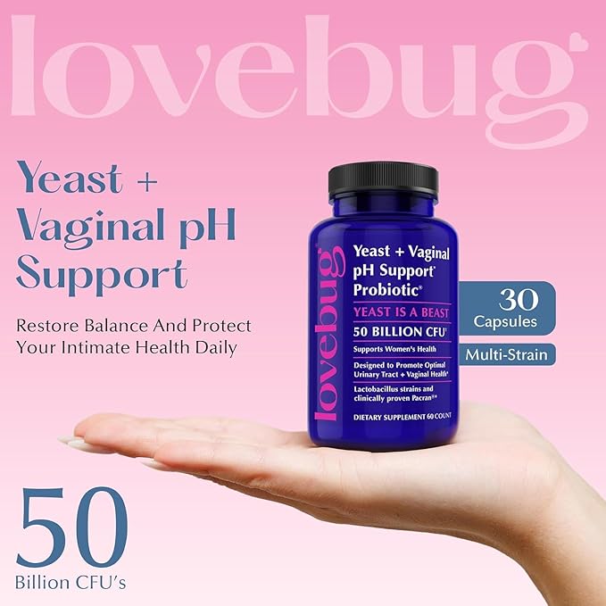 Lovebug Yeast and Vaginal Probiotics for Women pH Balance & Urinary Tract, 50 Billion CFU, UTI, BV, Odor Support with Lactobacillus, Bifidobacterium, Digestive & Vaginal Health Supplement 60 Capsules